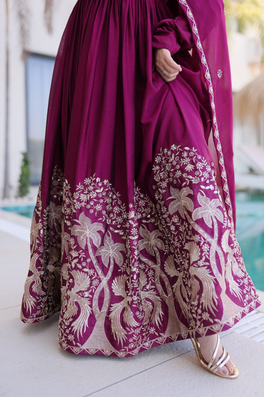 Designer Rangoli Crush Embroidered Anarkali Gown Dupatta Set