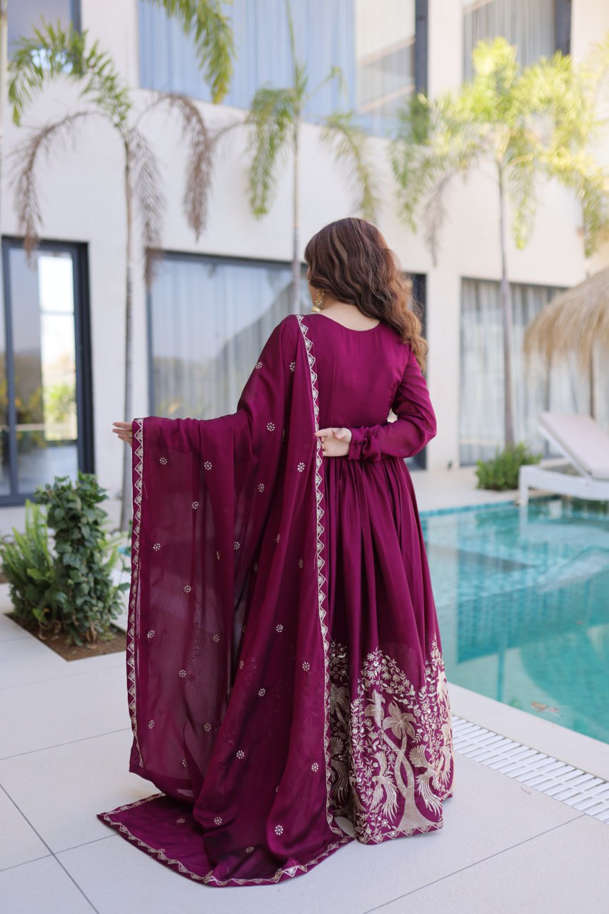 Designer Rangoli Crush Embroidered Anarkali Gown Dupatta Set