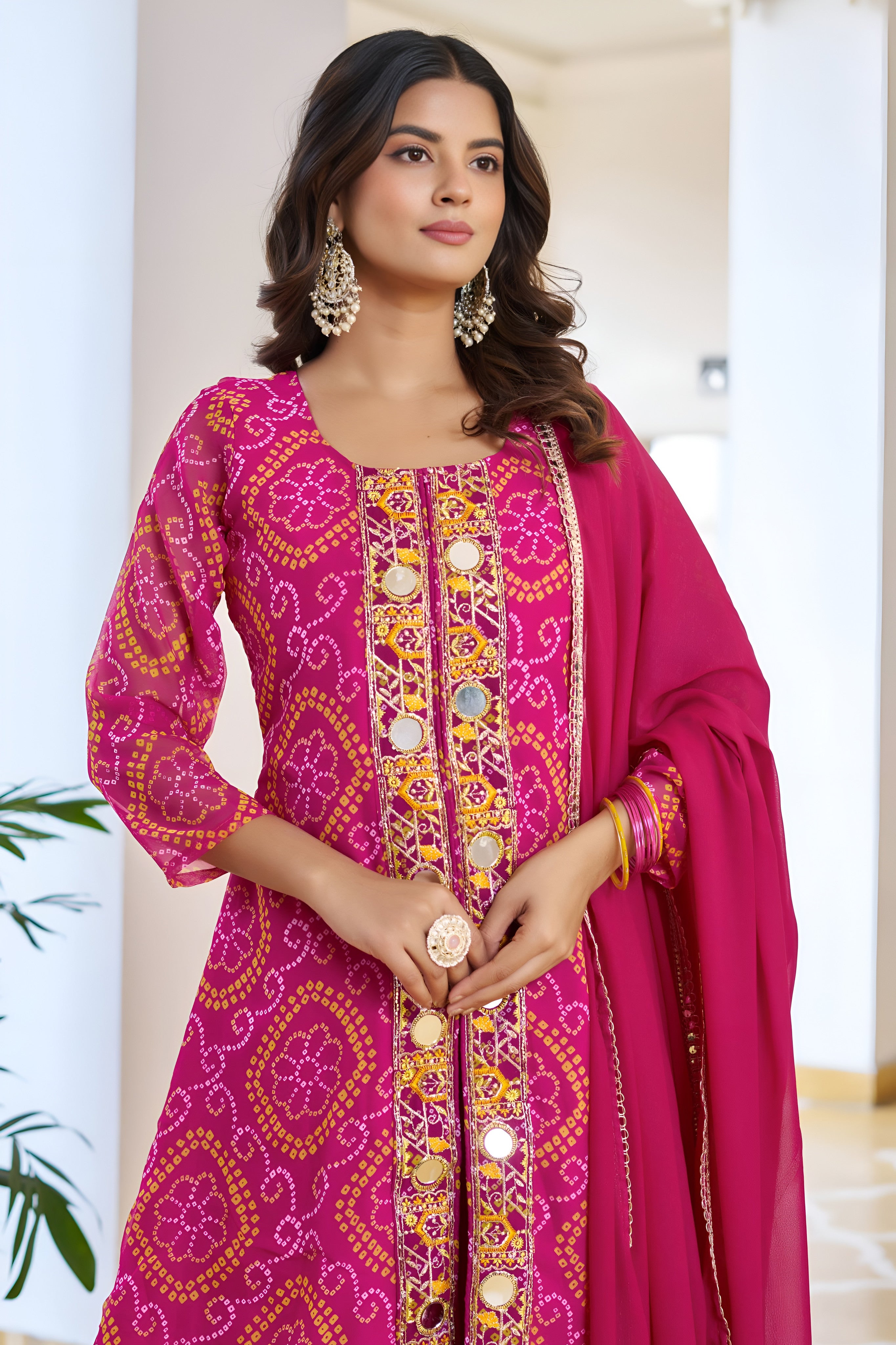 Premium Mirror Work Bandhani Kurti Palazzo Set