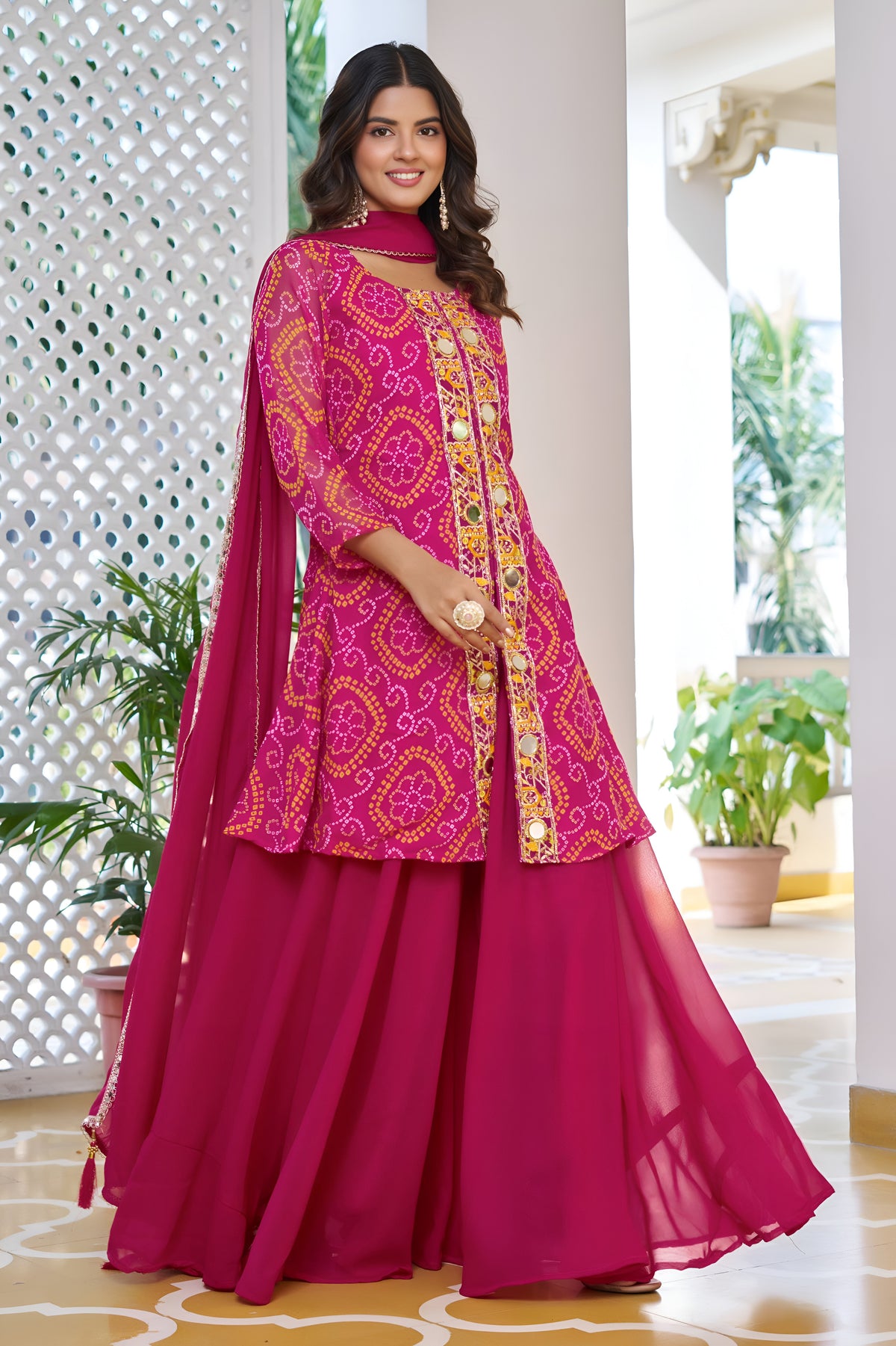 Premium Mirror Work Bandhani Kurti Palazzo Set