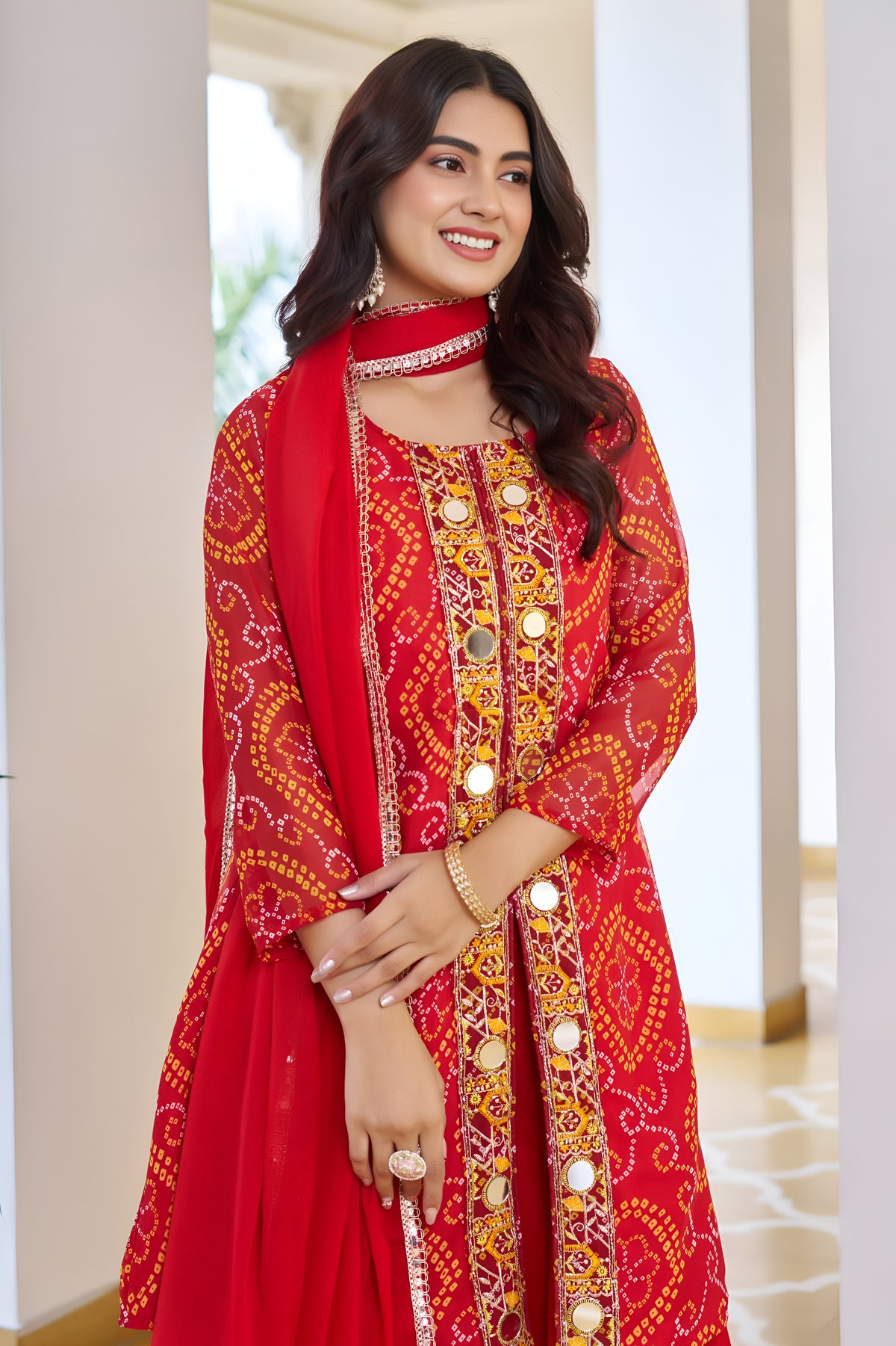 Premium Mirror Work Bandhani Kurti Palazzo Set