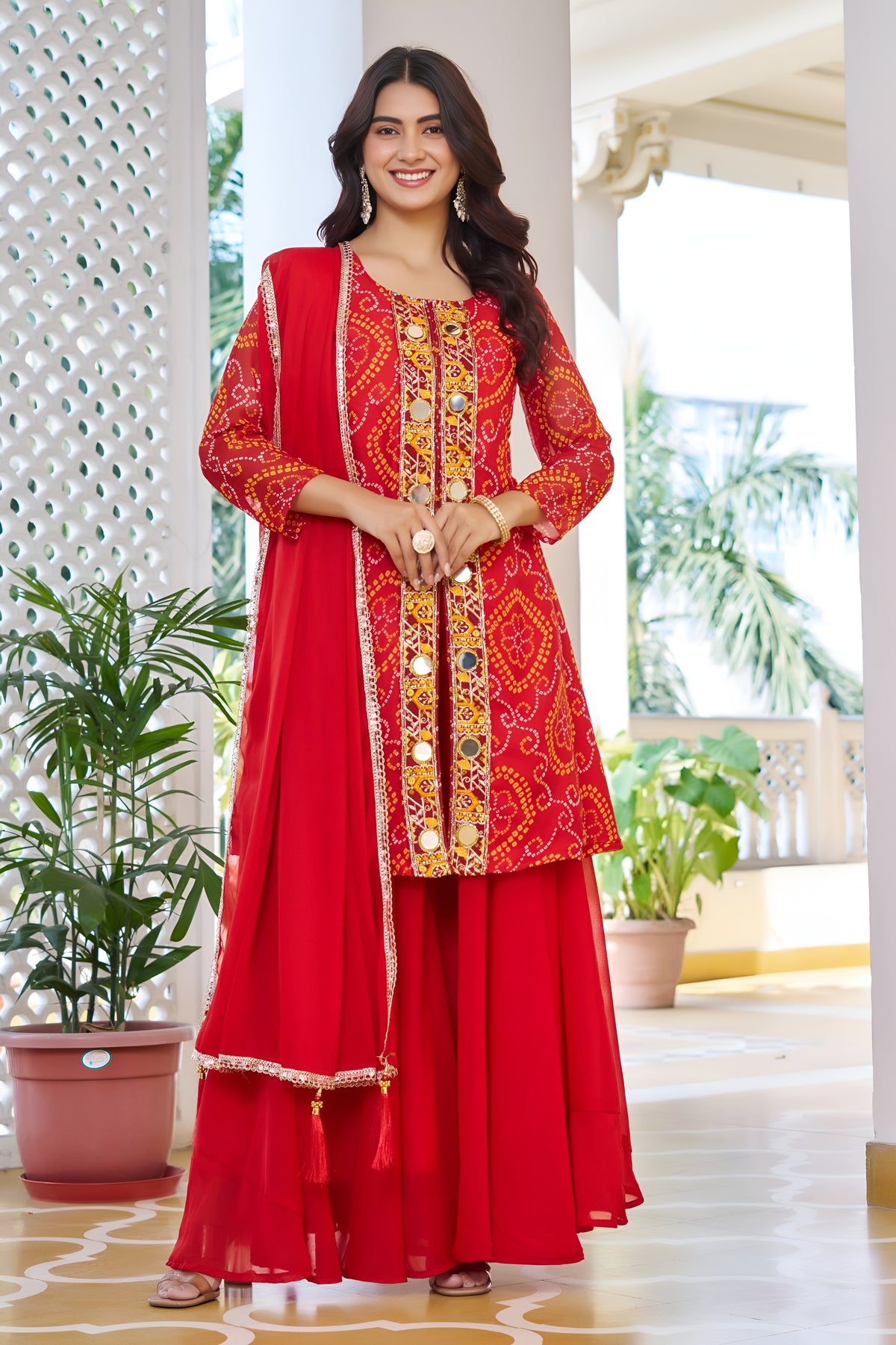 Premium Mirror Work Bandhani Kurti Palazzo Set