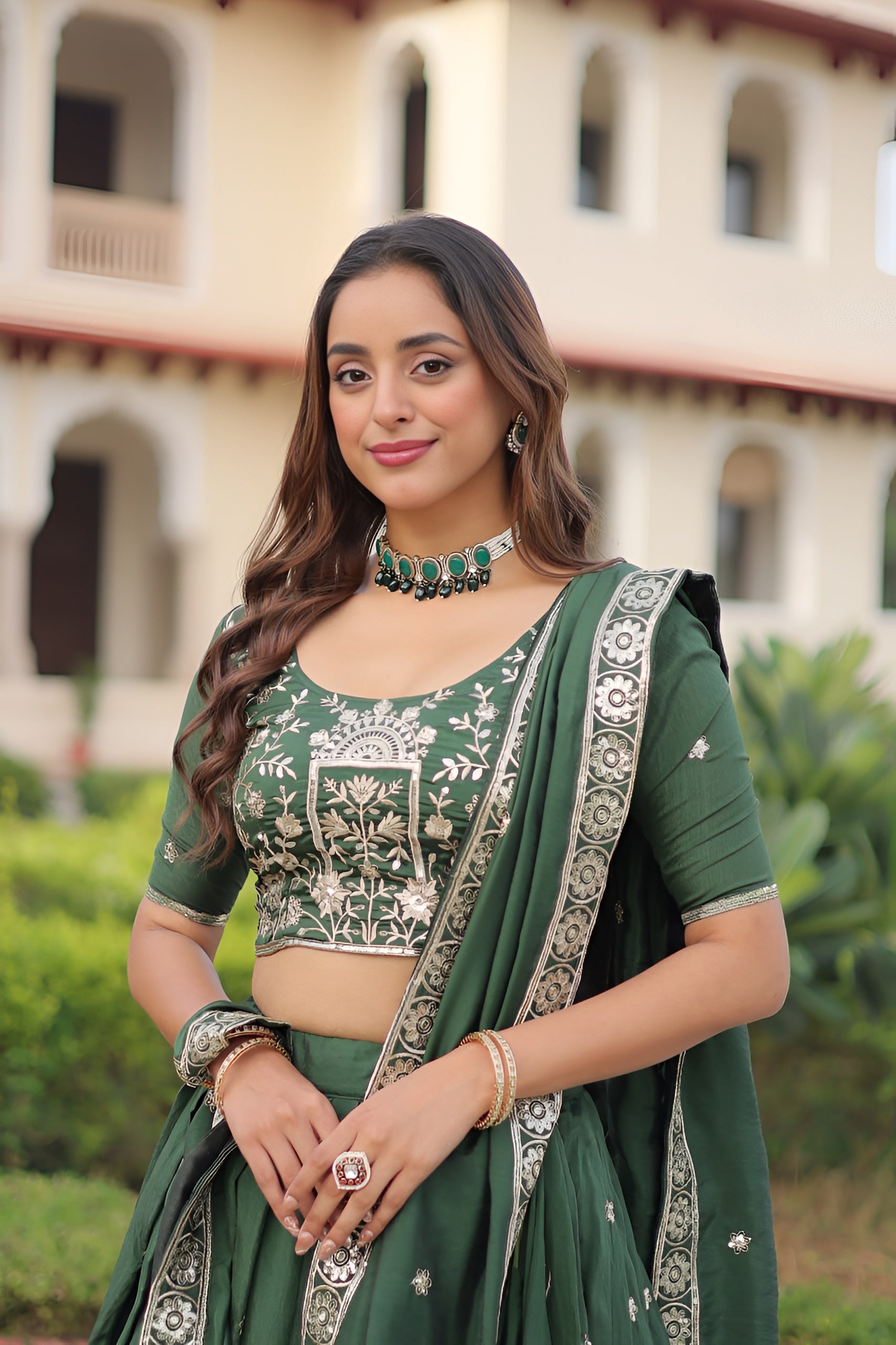 Designer Vichitra Silk Embroidered Lehenga Choli Set