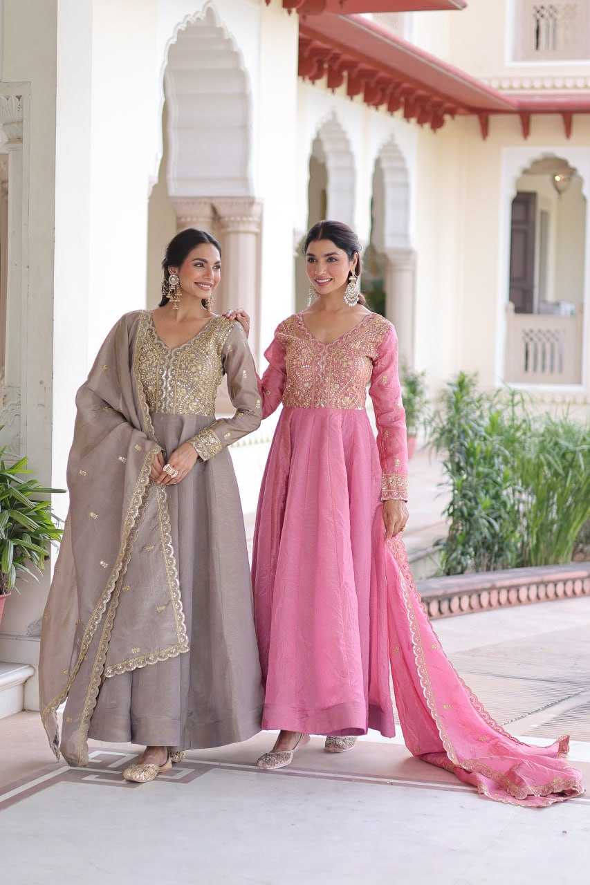 Sequins Zari Embroidered Party Gown Dupatta Set