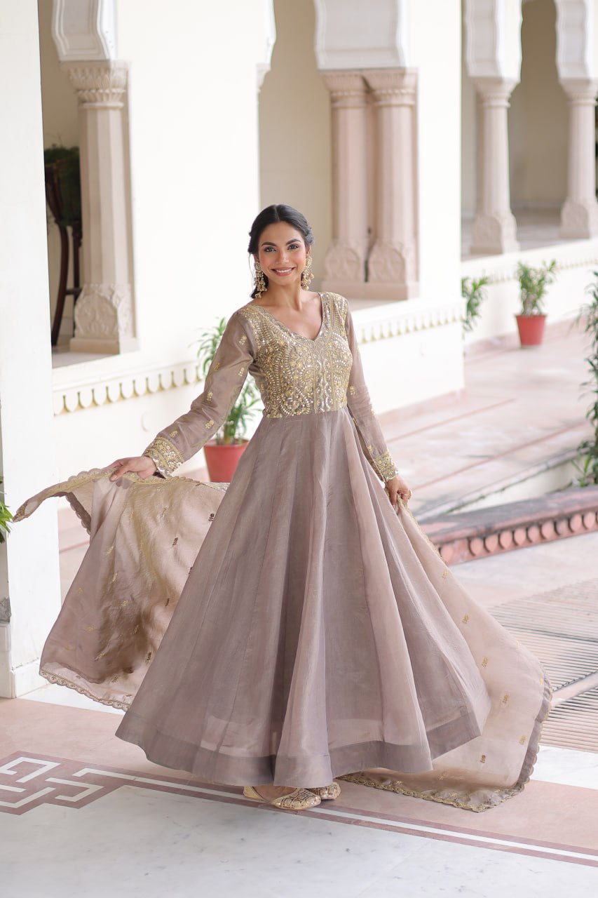 Sequins Zari Embroidered Party Gown Dupatta Set