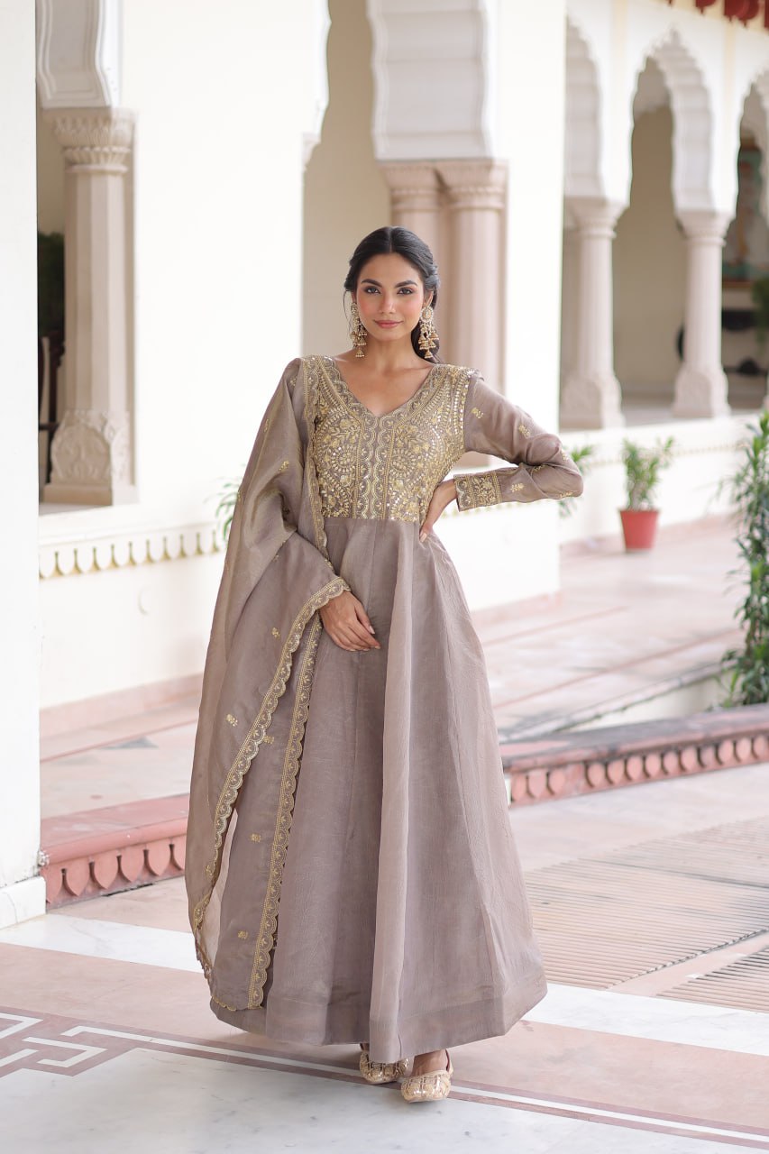 Sequins Zari Embroidered Party Gown Dupatta Set