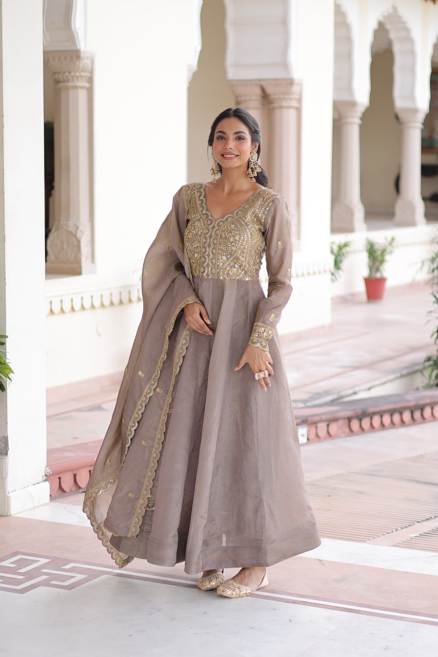 Sequins Zari Embroidered Party Gown Dupatta Set