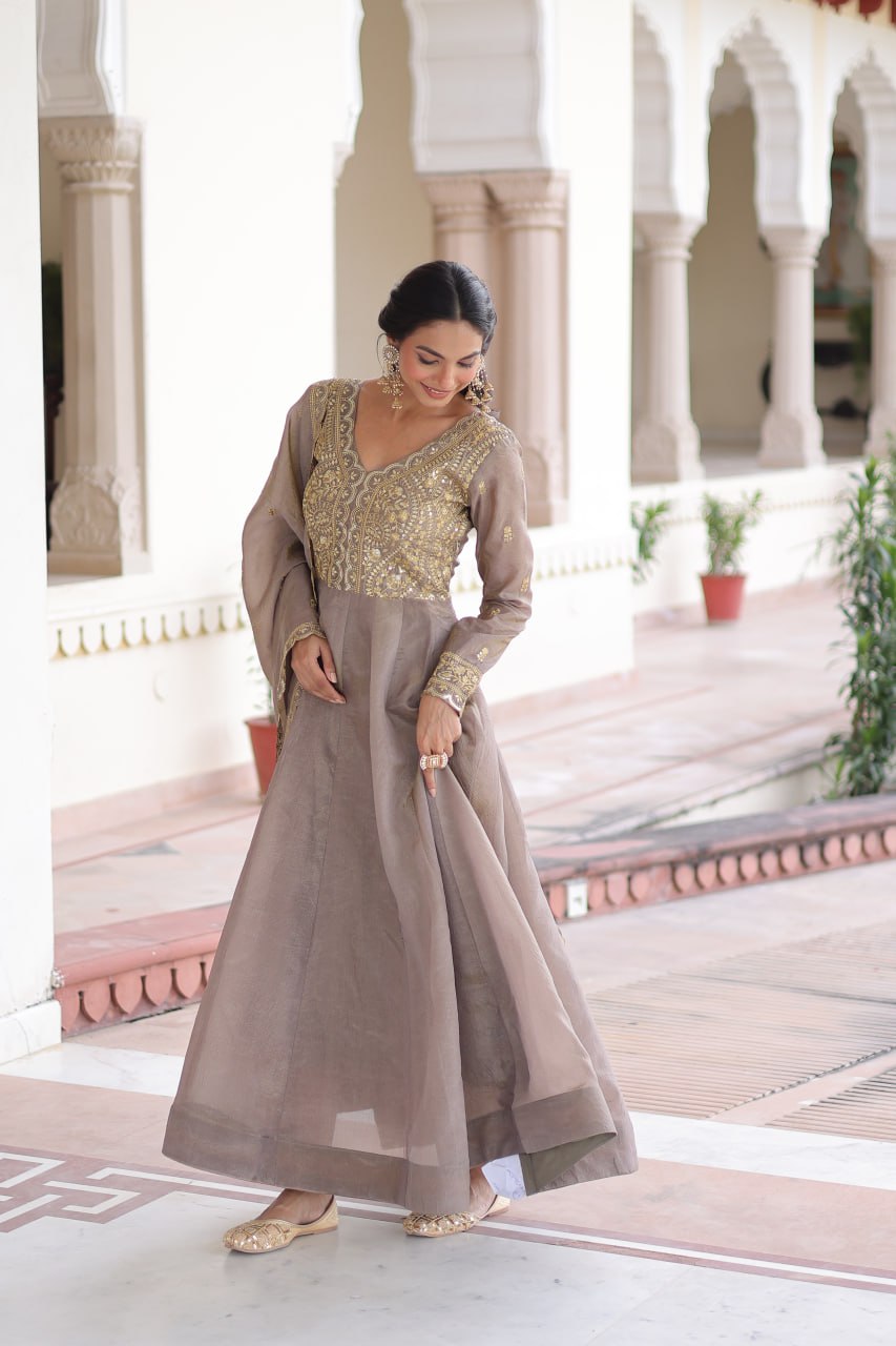 Sequins Zari Embroidered Party Gown Dupatta Set