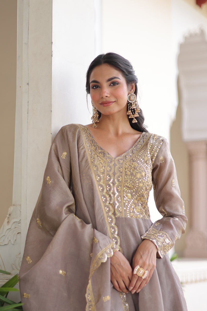 Sequins Zari Embroidered Party Gown Dupatta Set