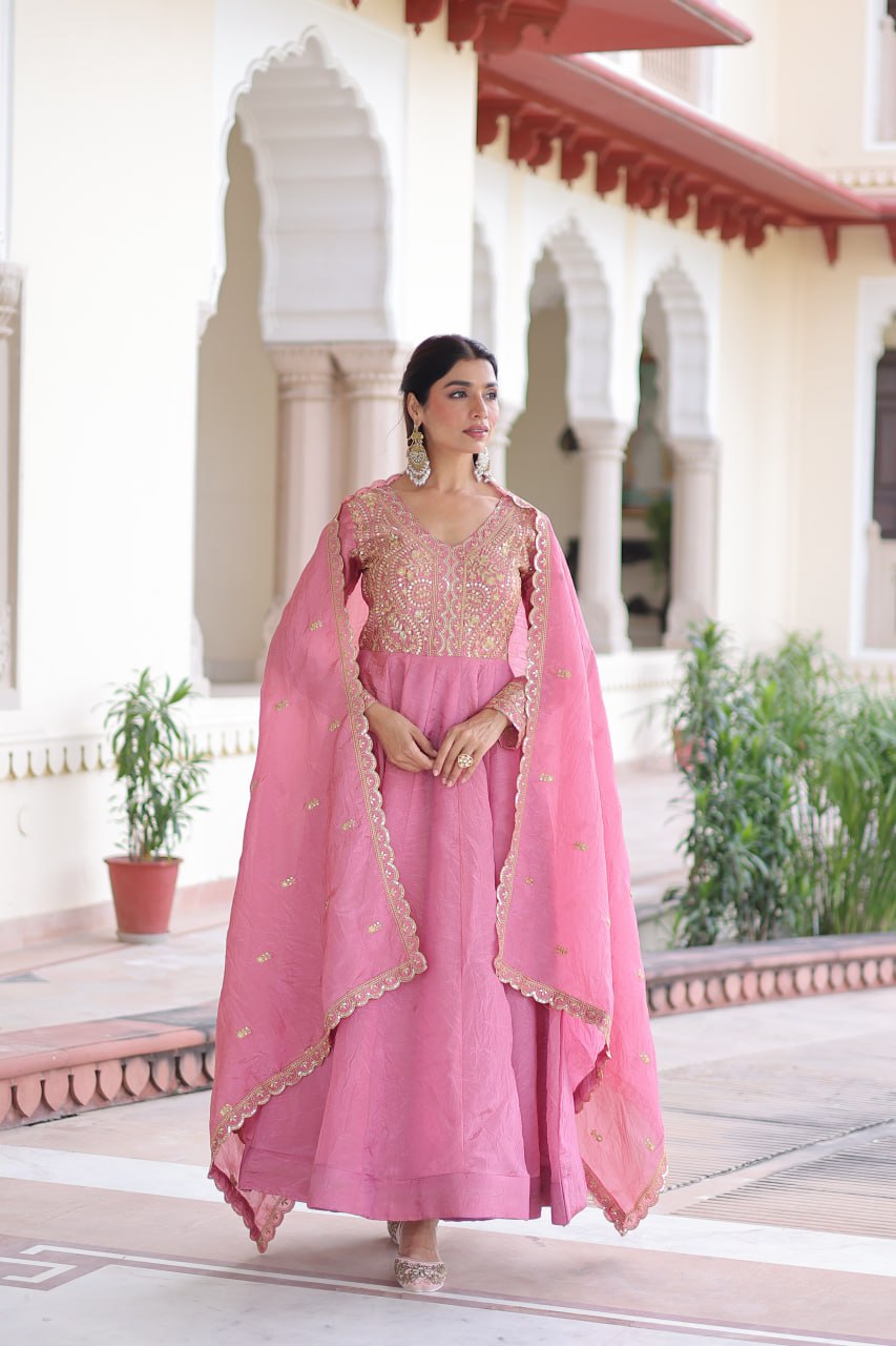 Sequins Zari Embroidered Party Gown Dupatta Set