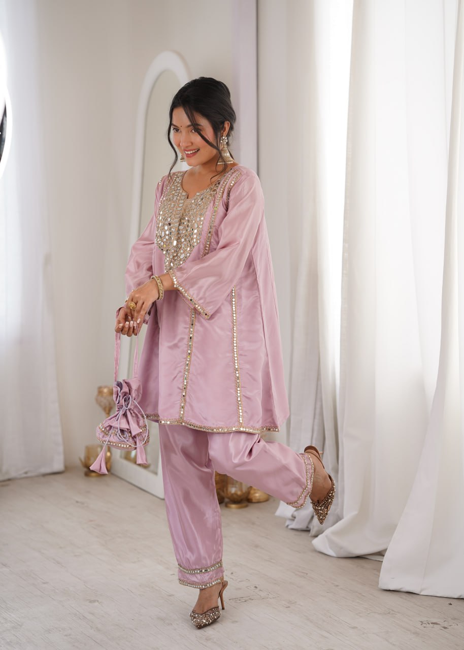 Premium Mirror Work Kurti Pant Set With Batwa