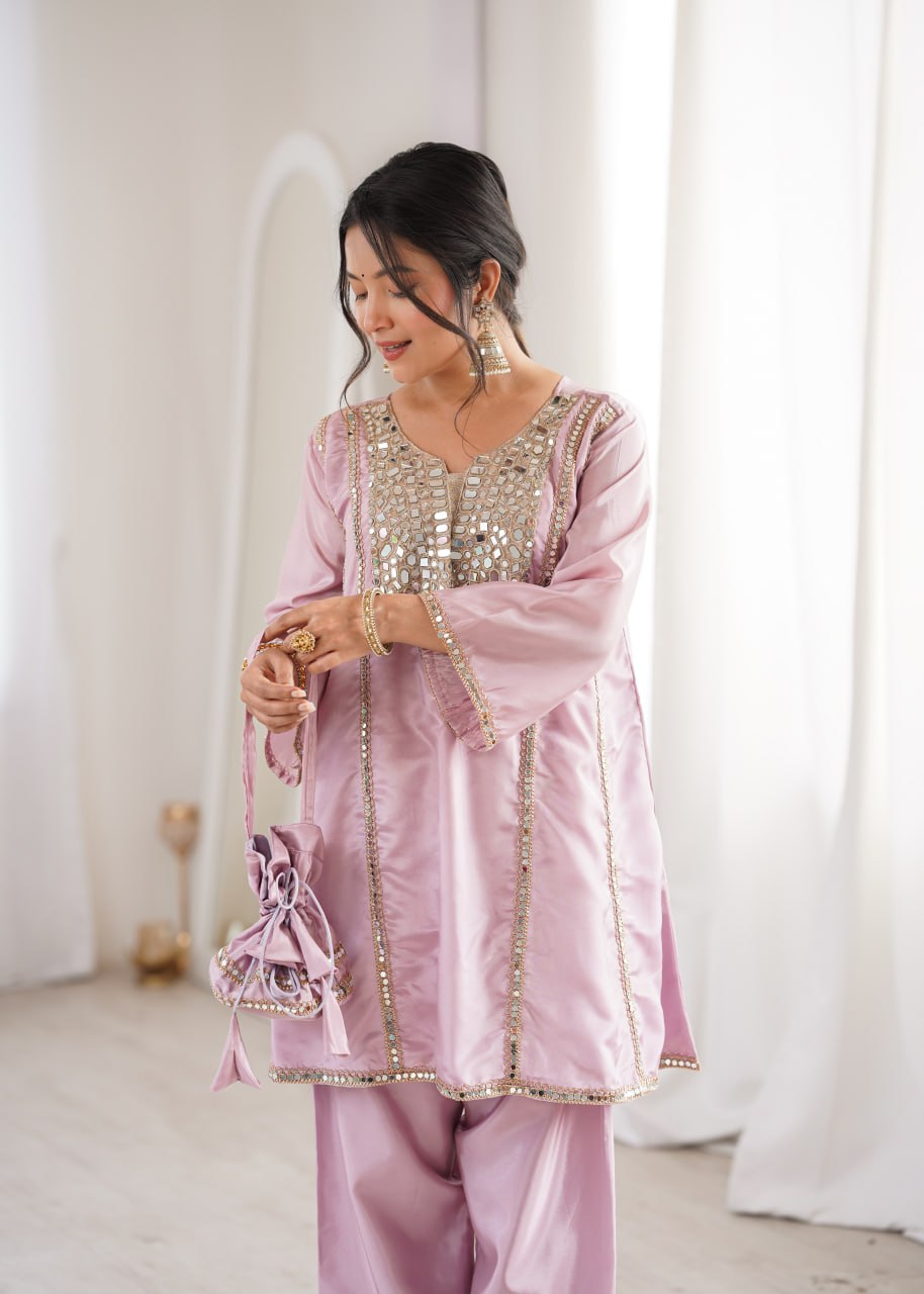 Premium Mirror Work Kurti Pant Set With Batwa