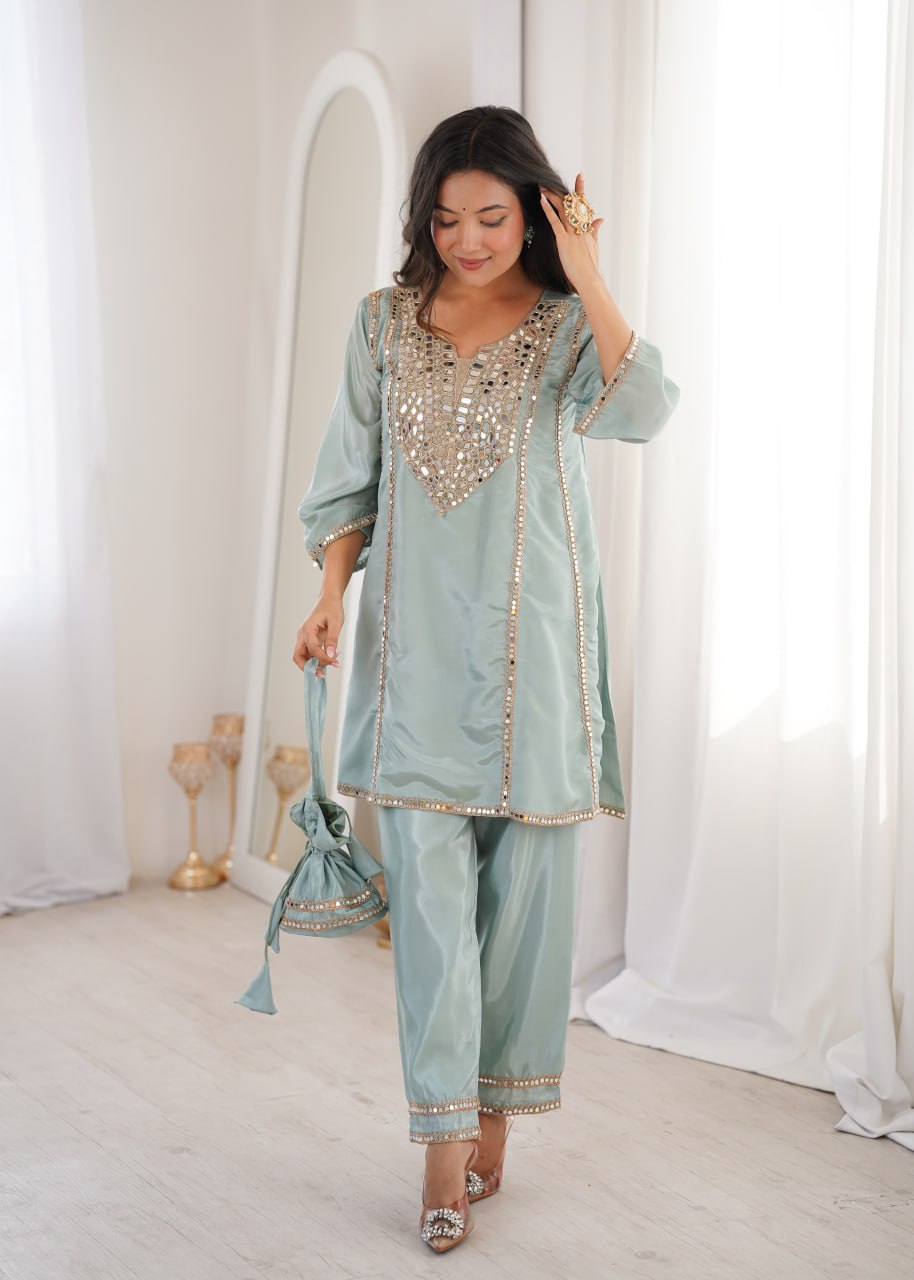Premium Mirror Work Kurti Pant Set With Batwa