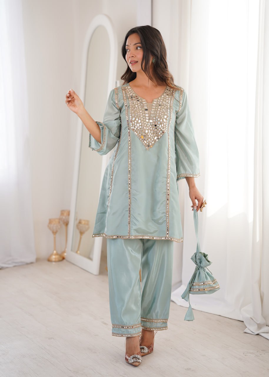 Premium Mirror Work Kurti Pant Set With Batwa
