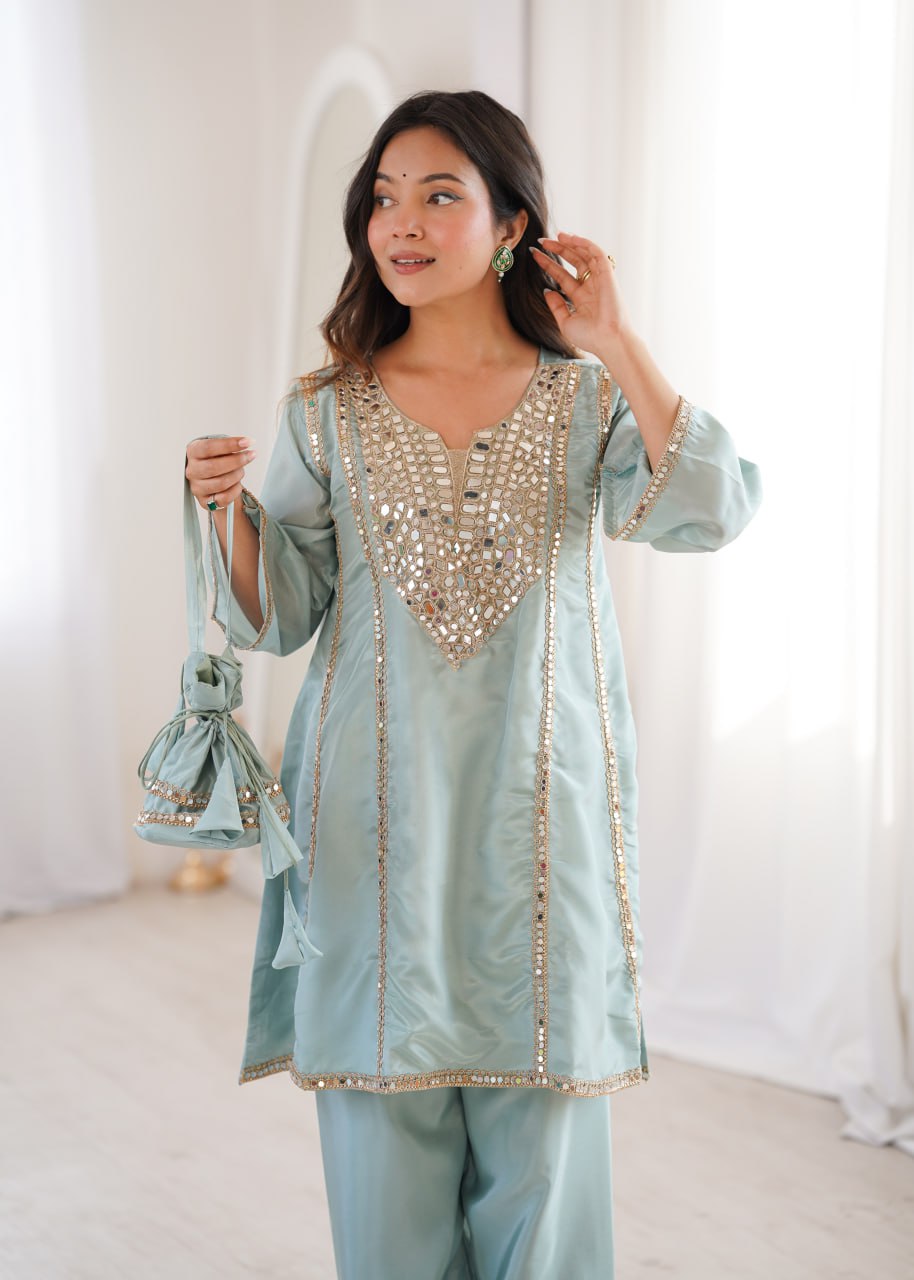 Premium Mirror Work Kurti Pant Set With Batwa