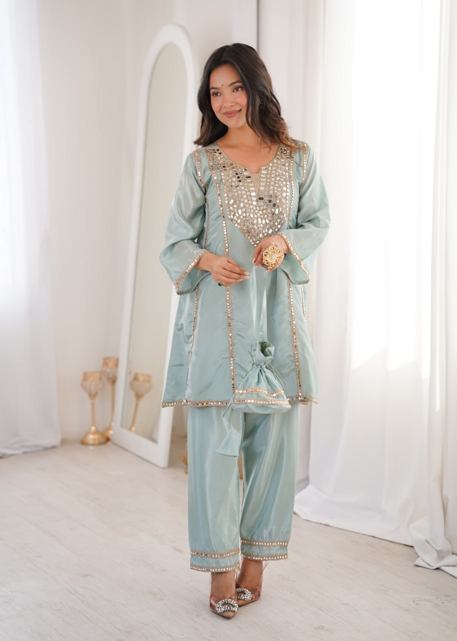 Premium Mirror Work Kurti Pant Set With Batwa