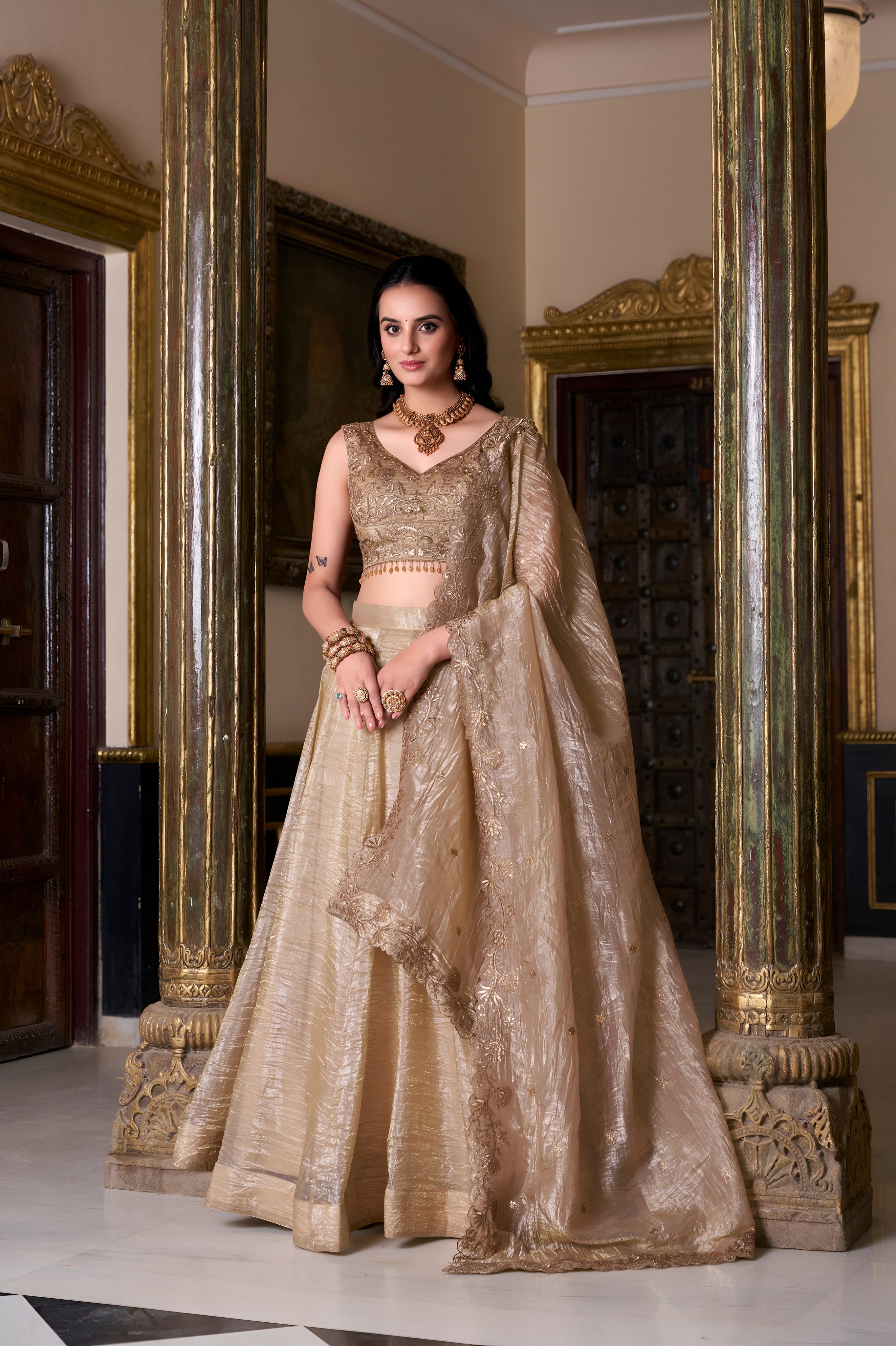 Gold Crush Lehenga Choli with Unstitched Blouse Set