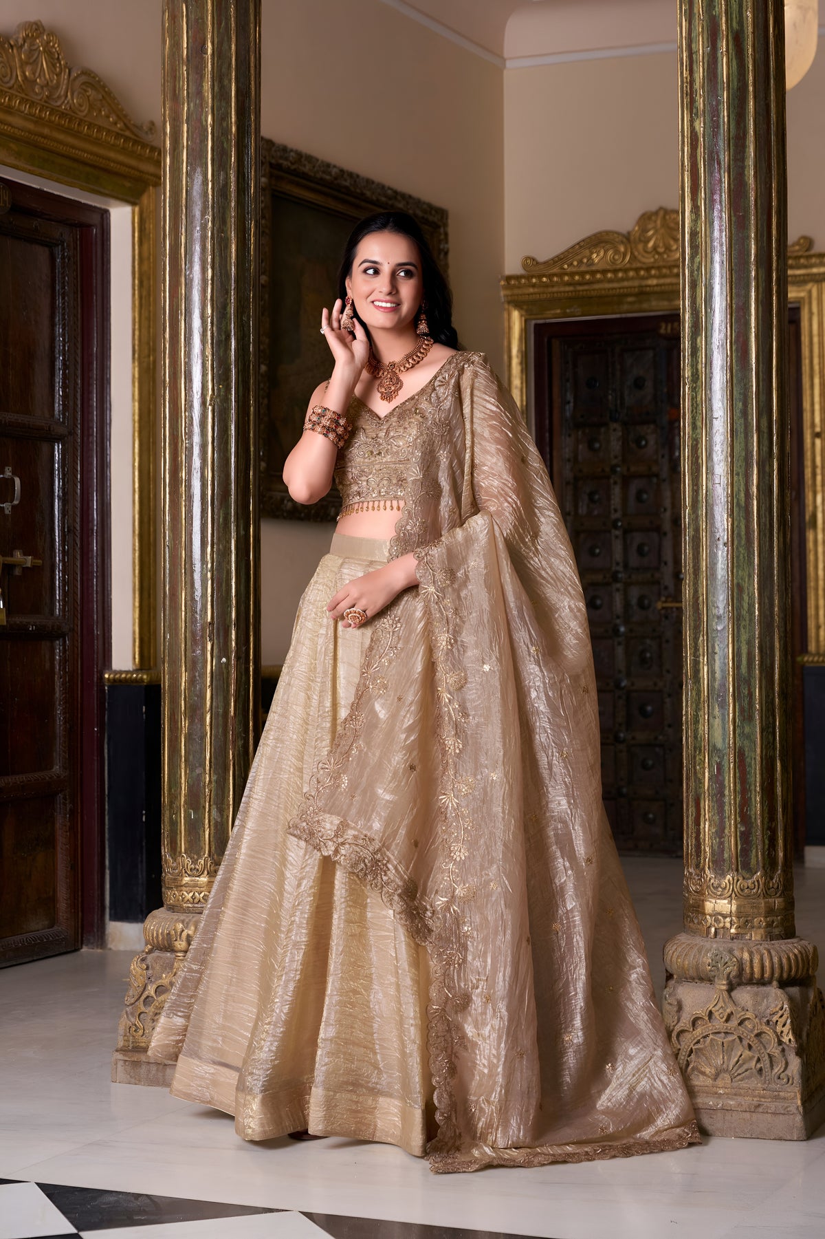 Gold Crush Lehenga Choli with Unstitched Blouse Set