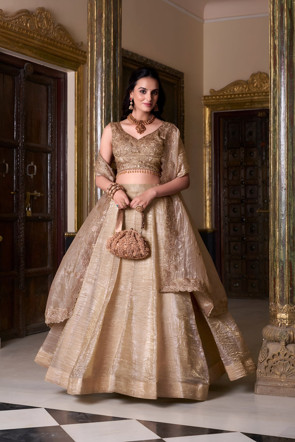 Gold Crush Lehenga Choli with Unstitched Blouse Set