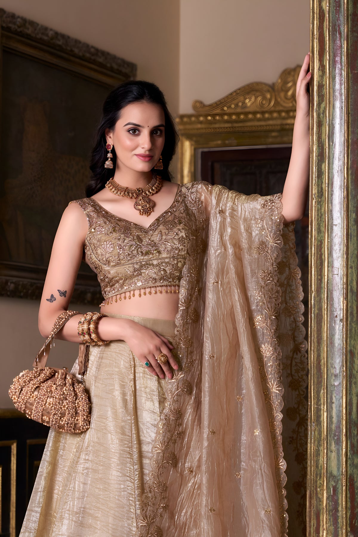 Gold Crush Lehenga Choli with Unstitched Blouse Set