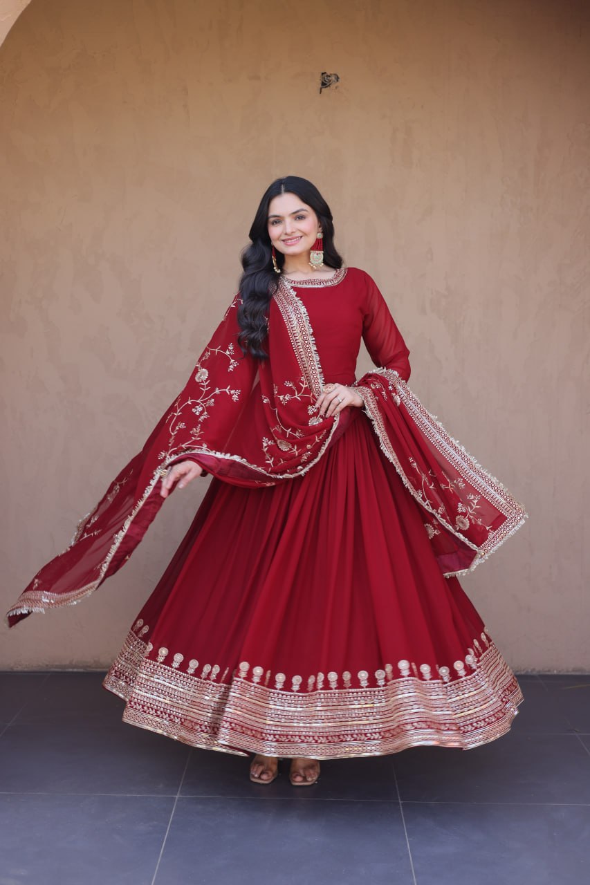 Embroidered Faux Blooming Anarkali Gown with Dupatta