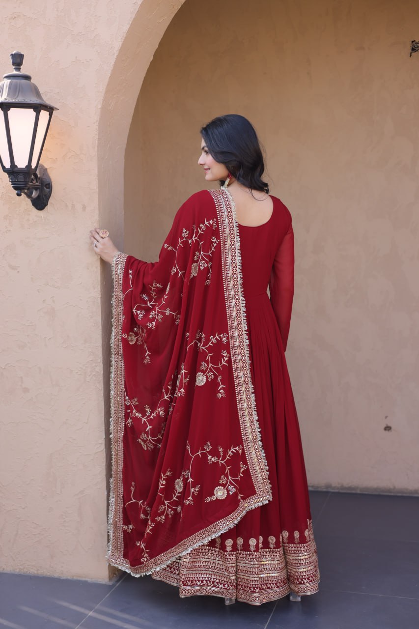 Embroidered Faux Blooming Anarkali Gown with Dupatta