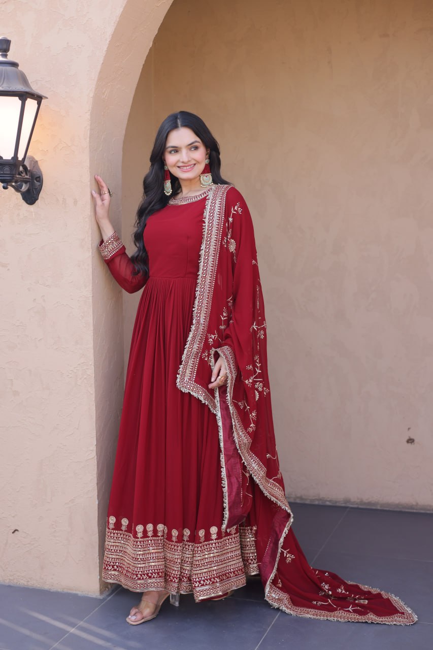 Embroidered Faux Blooming Anarkali Gown with Dupatta