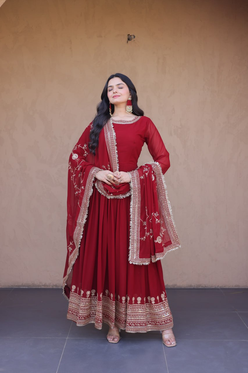 Embroidered Faux Blooming Anarkali Gown with Dupatta