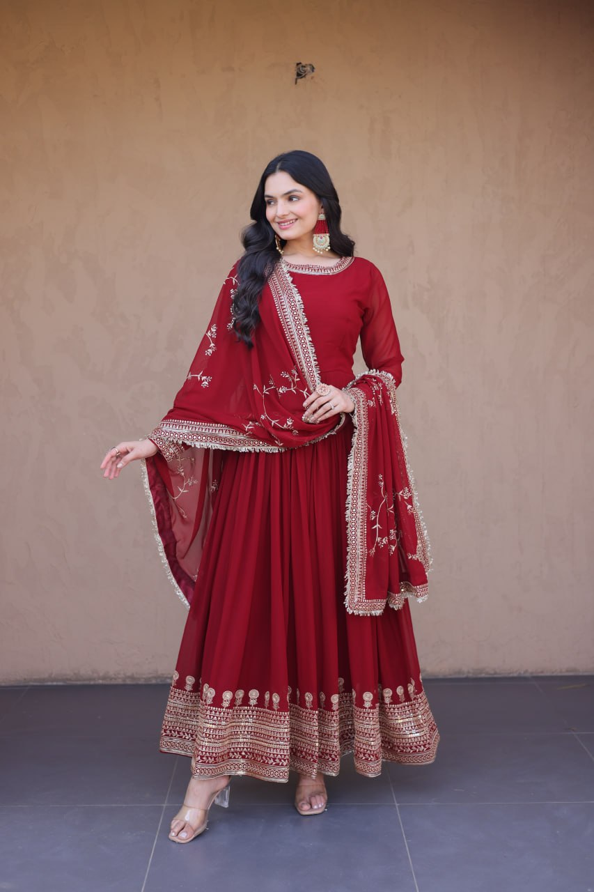 Embroidered Faux Blooming Anarkali Gown with Dupatta