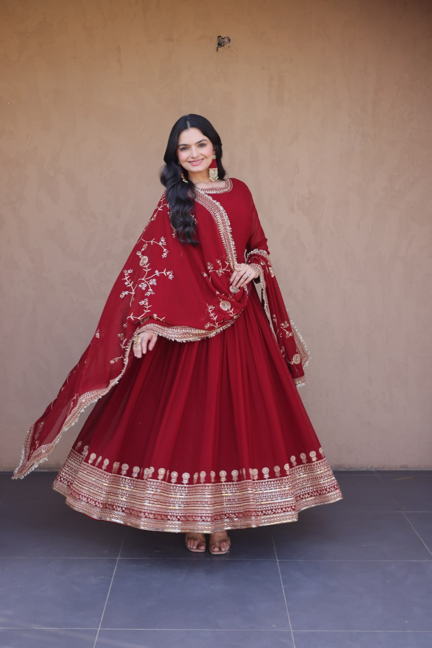 Embroidered Faux Blooming Anarkali Gown with Dupatta