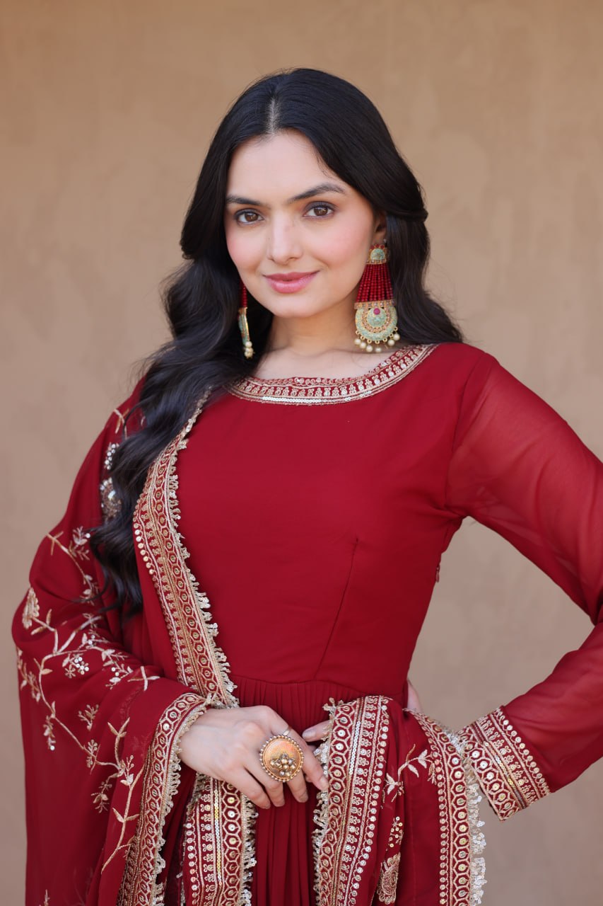 Embroidered Faux Blooming Anarkali Gown with Dupatta