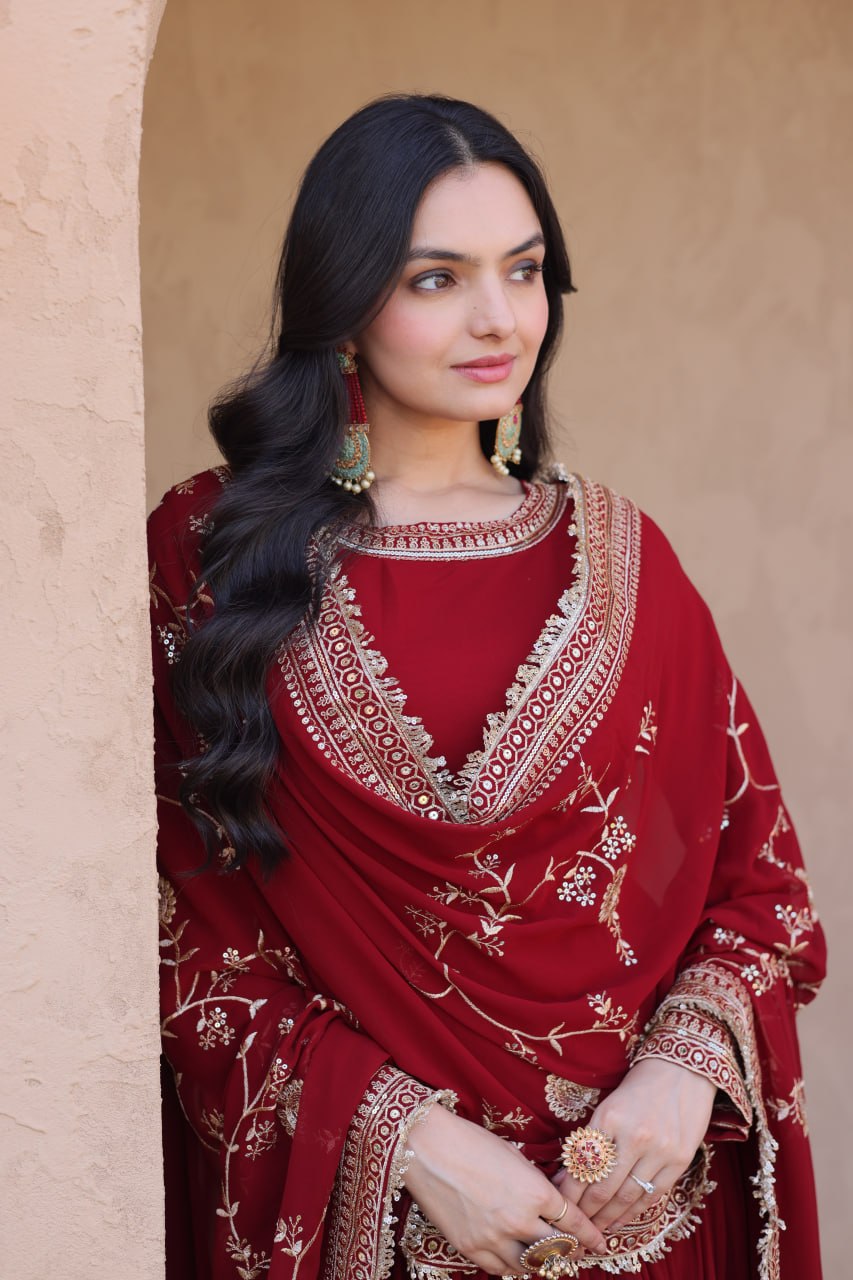 Embroidered Faux Blooming Anarkali Gown with Dupatta