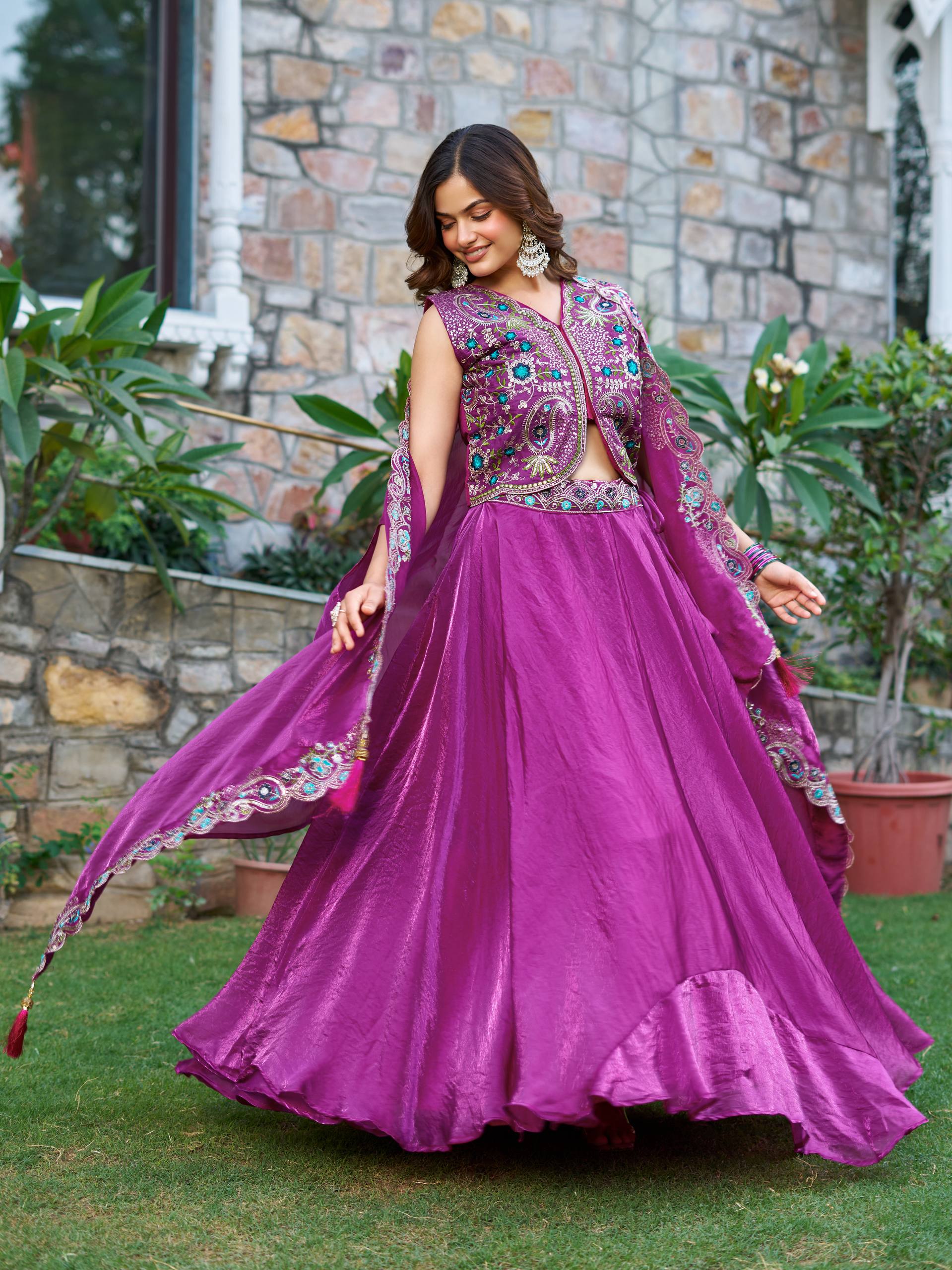 Designer Fendy Silk Embroidered Lehenga Choli Shrug Set