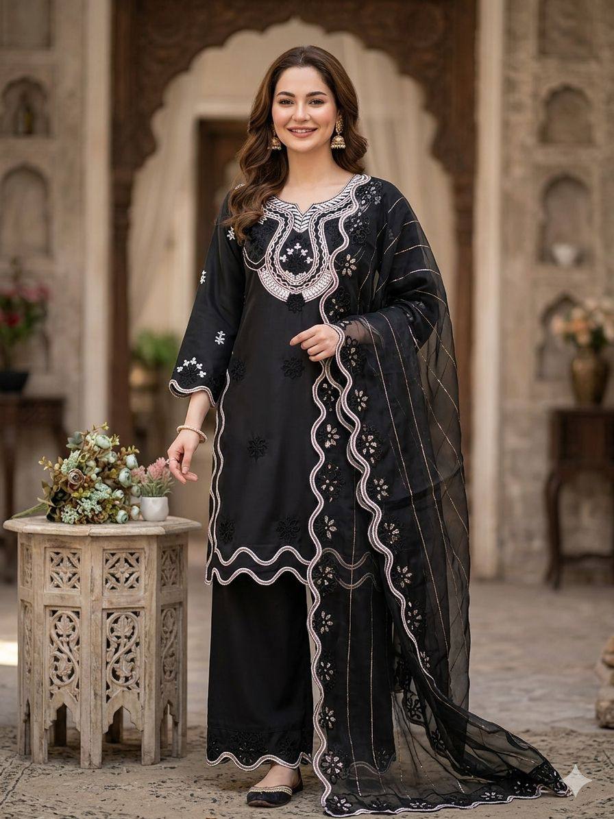 Designer Embroidered Cutwork Kurta Palazzo Suit Set