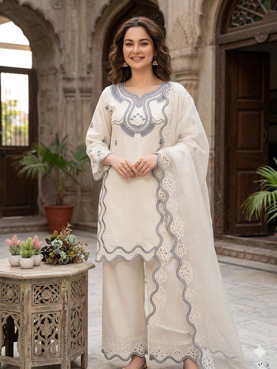 Designer Embroidered Cutwork Kurta Palazzo Suit Set