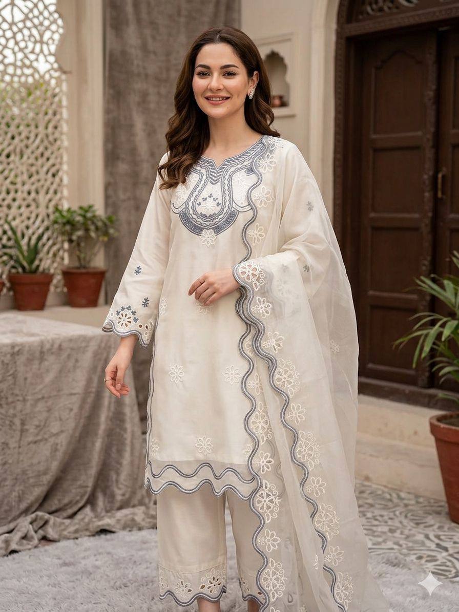 Designer Embroidered Cutwork Kurta Palazzo Suit Set