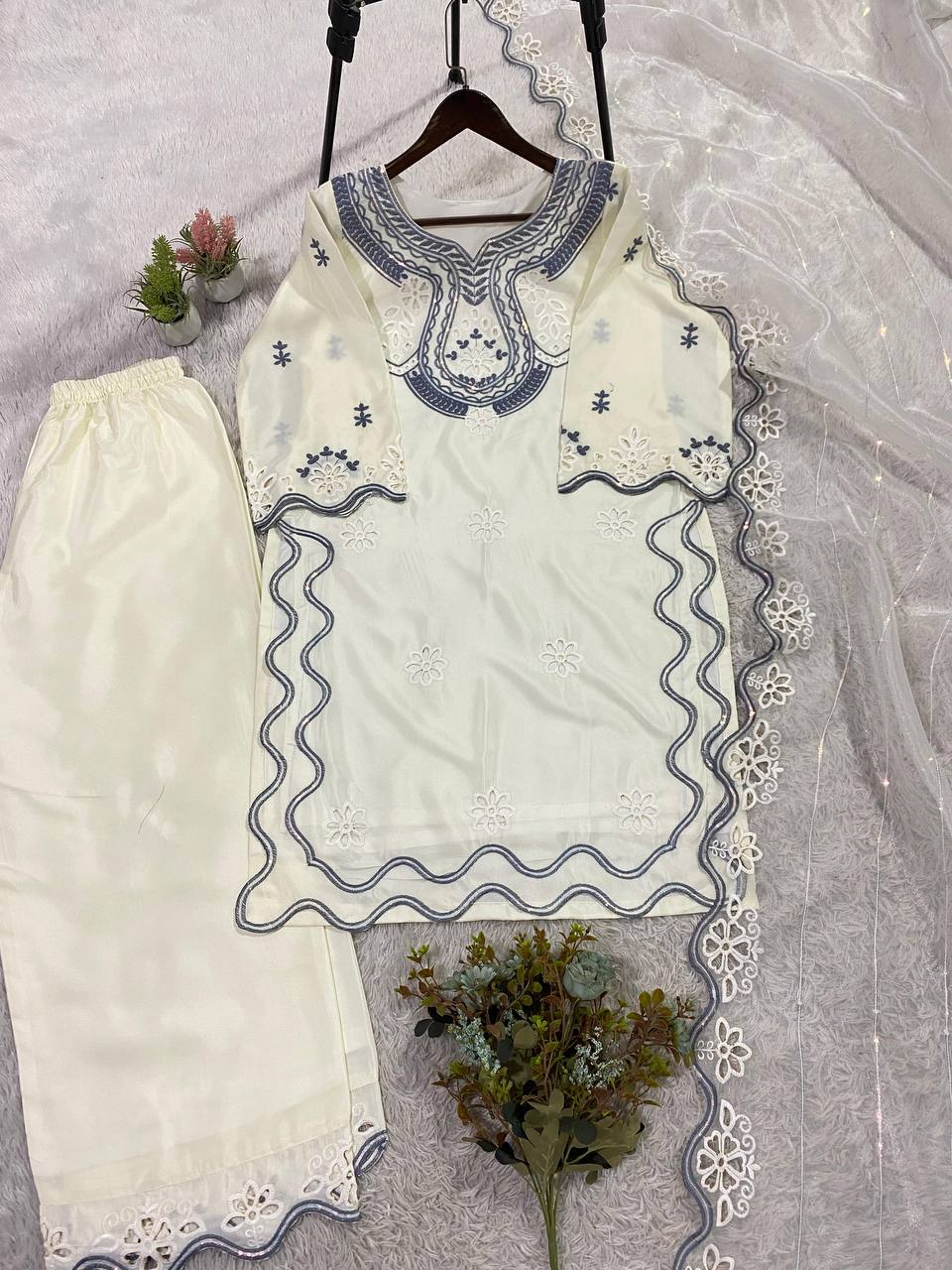 Designer Embroidered Cutwork Kurta Palazzo Suit Set