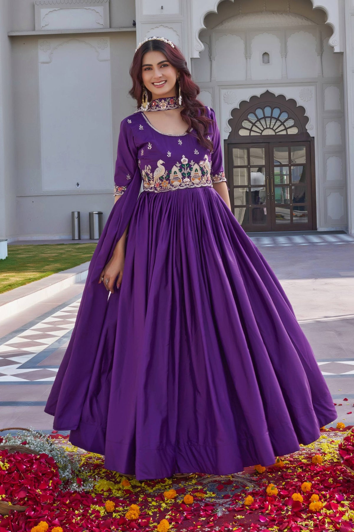 Designer Embroidered Crepe Silk Anarkali Gown Set
