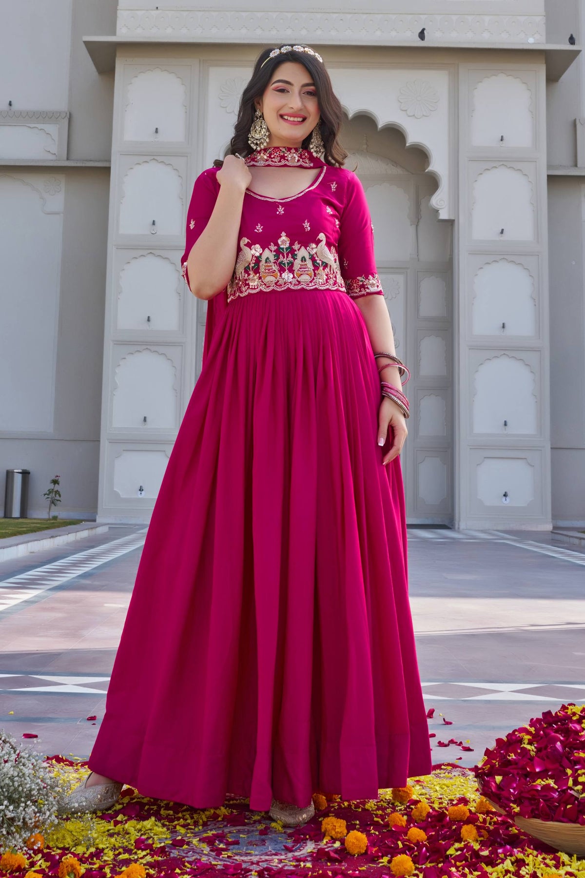 Designer Embroidered Crepe Silk Anarkali Gown Set