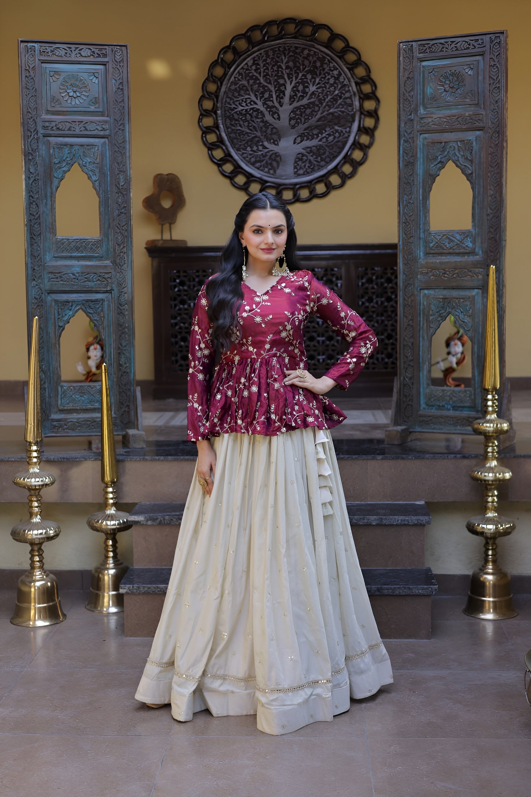 Designer YSL Silk Sequins Embroidered Lehenga Crop Top Set