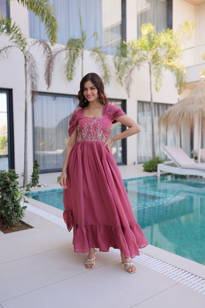 Premium Beads Embroidered Chanderi Gown