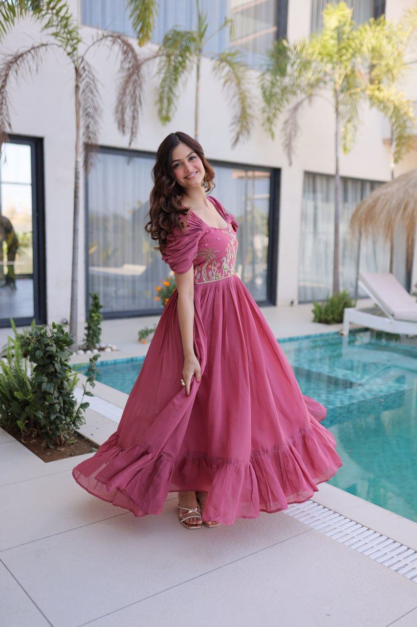Premium Beads Embroidered Chanderi Gown