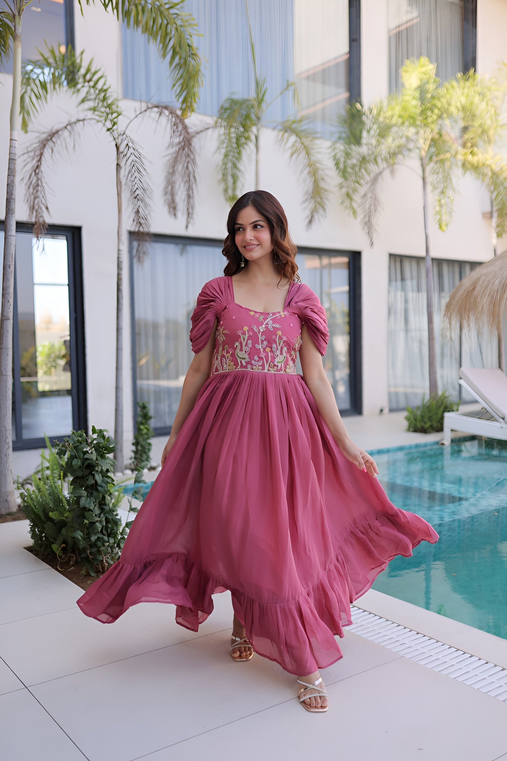 Premium Beads Embroidered Chanderi Gown