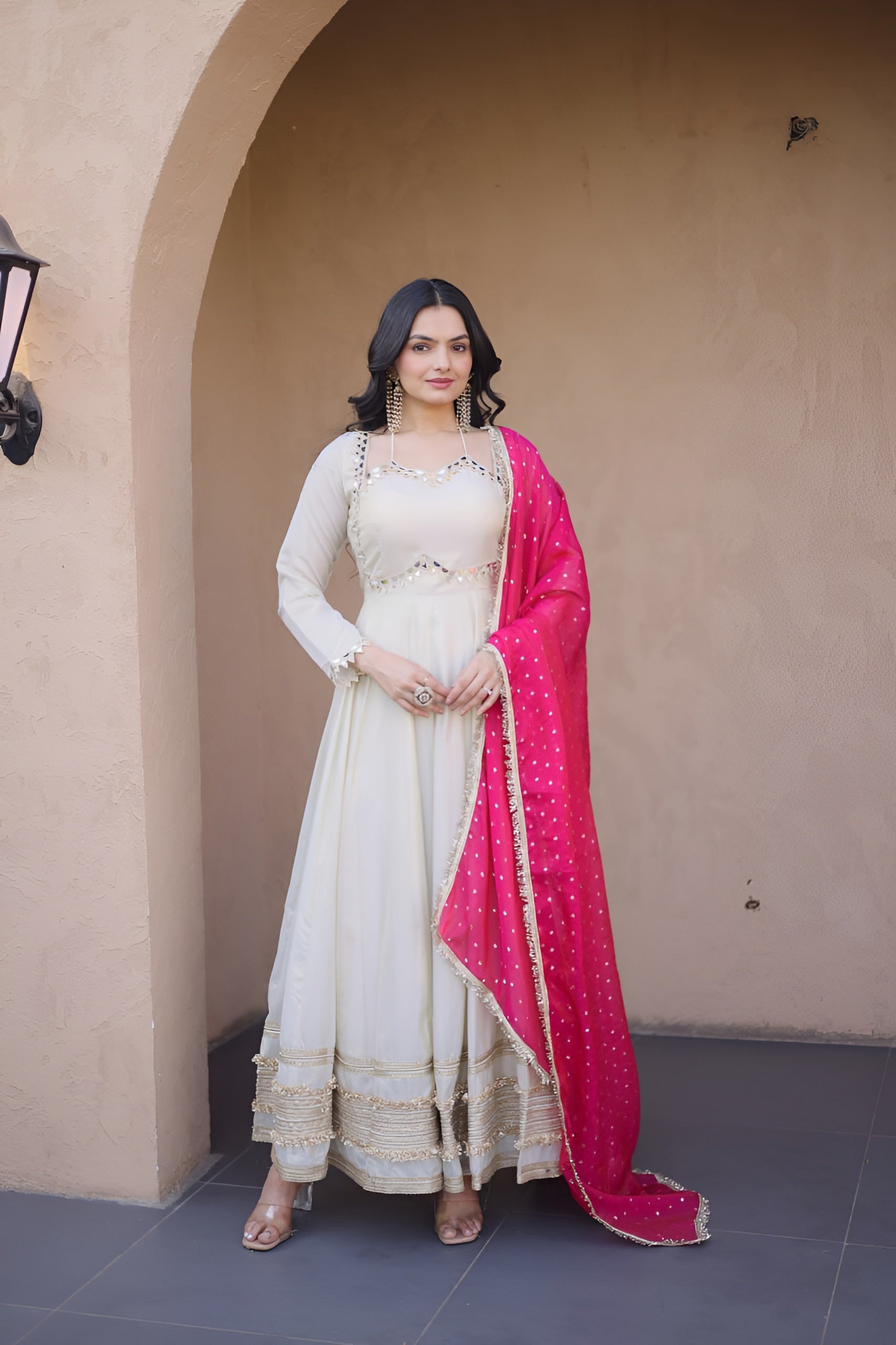 Designer Mirror Work Ethnic Gown With Dupatta