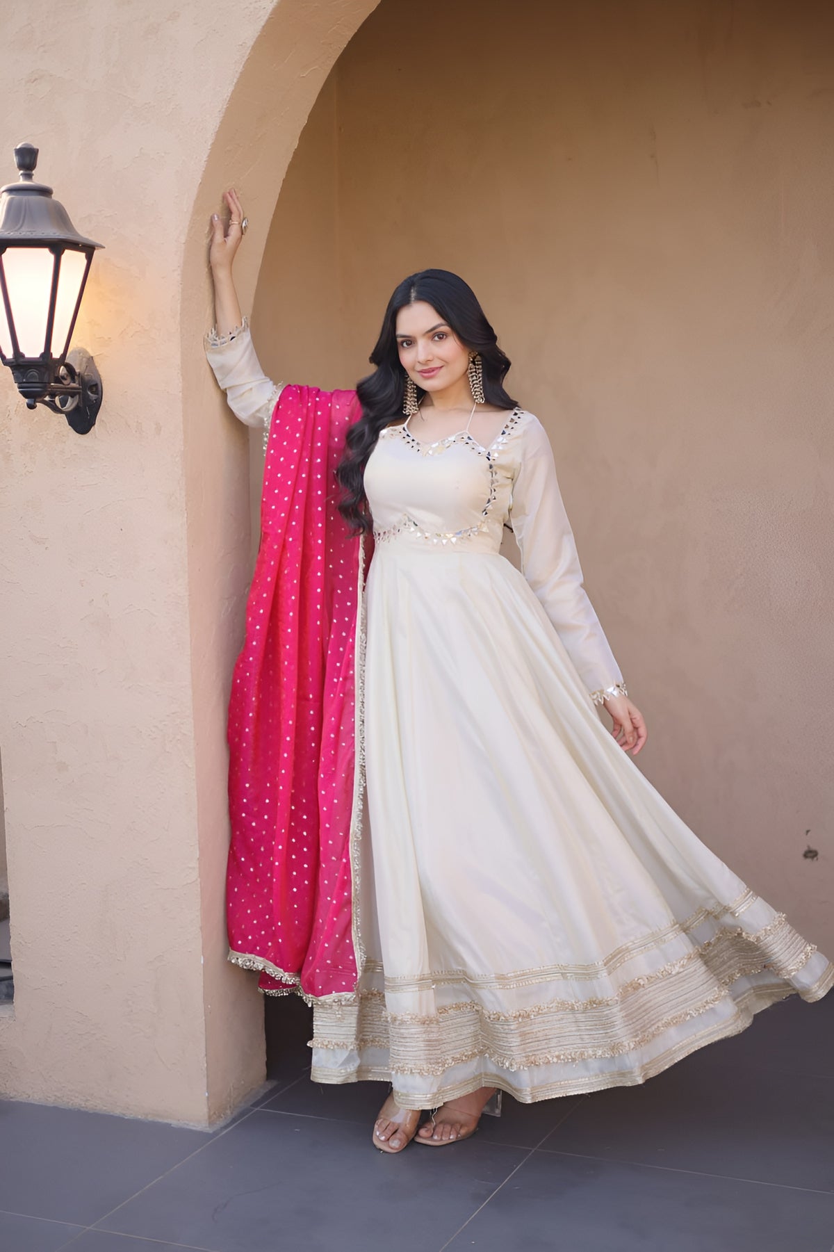 Designer Mirror Work Ethnic Gown With Dupatta