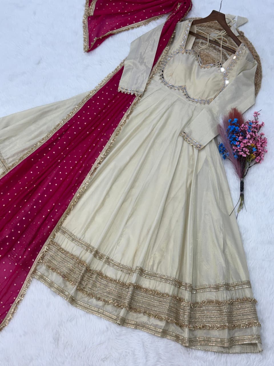 Designer Mirror Work Ethnic Gown With Dupatta