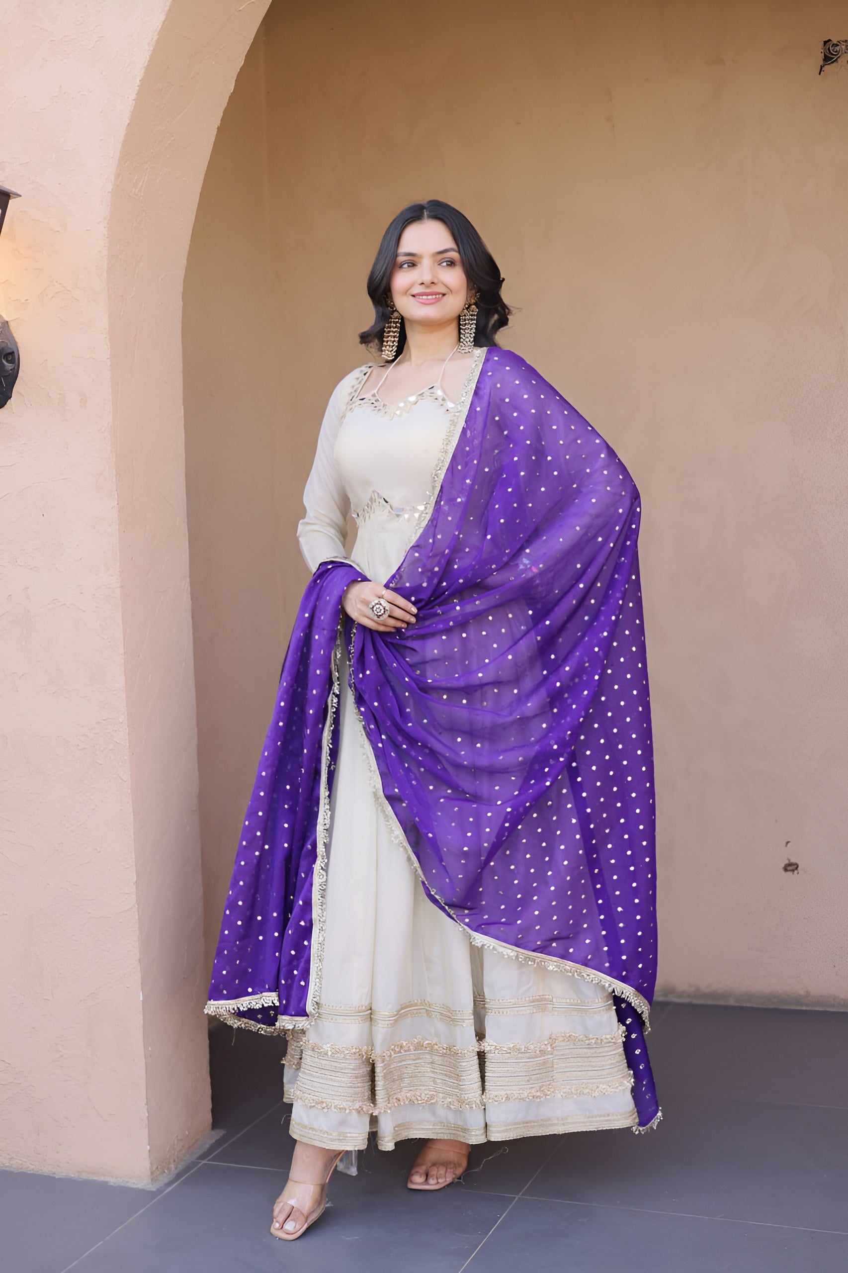 Designer Mirror Work Ethnic Gown With Dupatta