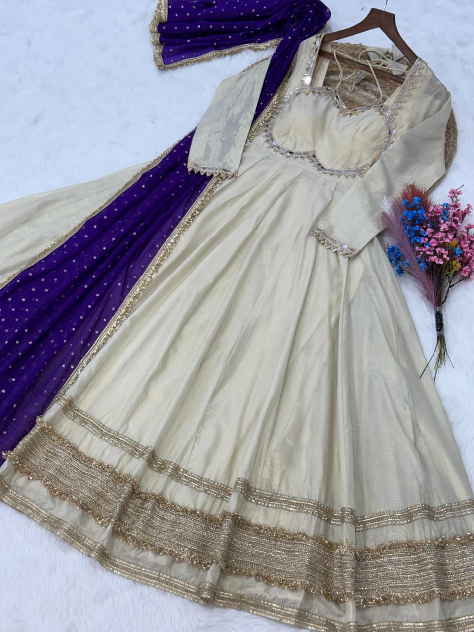 Designer Mirror Work Ethnic Gown With Dupatta