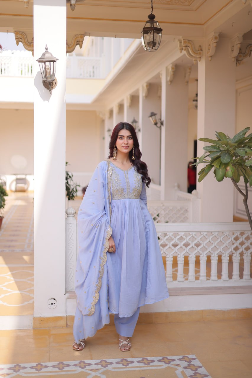 Embroidered Mal Chanderi Gown Pant Dupatta Set