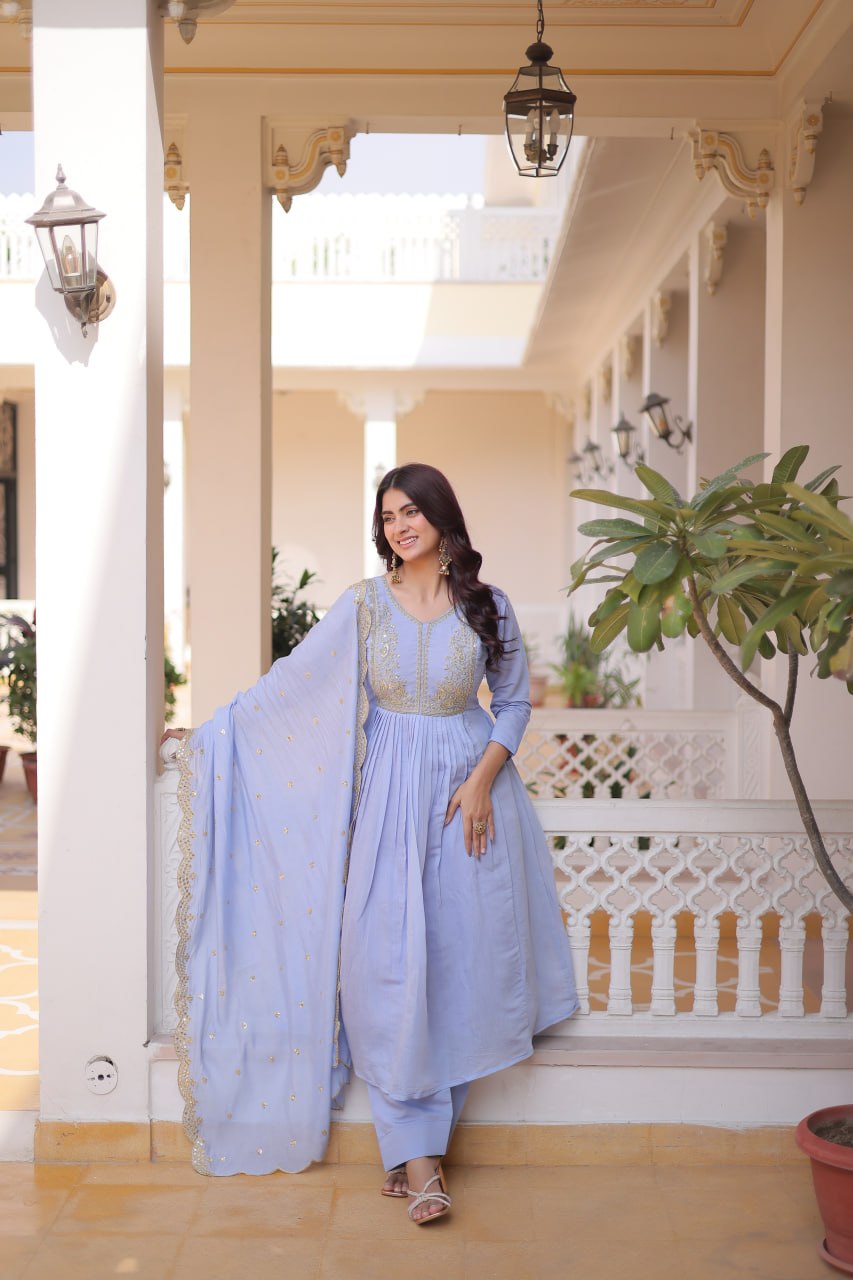Embroidered Mal Chanderi Gown Pant Dupatta Set